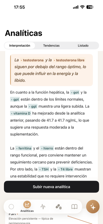 Pantalla de interpretación de analítica hormonal con biomarcadores en contexto