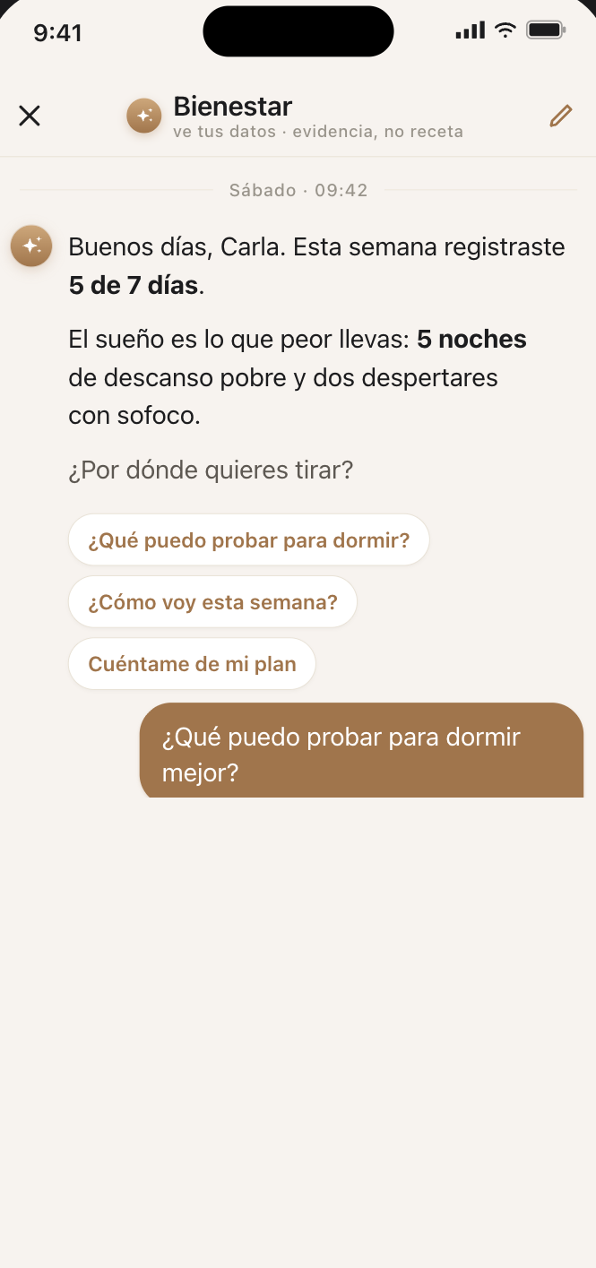 Pantalla de chat con respuestas basadas en tus datos hormonales