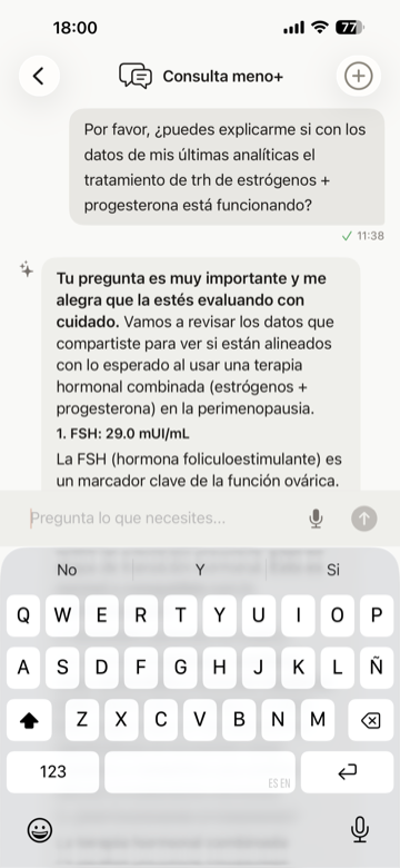 Pantalla de consulta de IA con respuestas basadas en tus datos hormonales