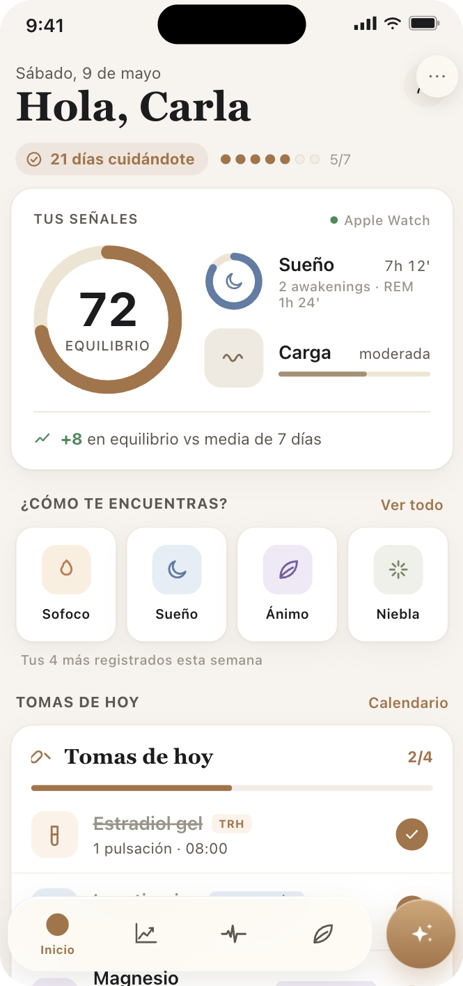 Pantalla de inicio con tu equilibrio del día resumido en un único número