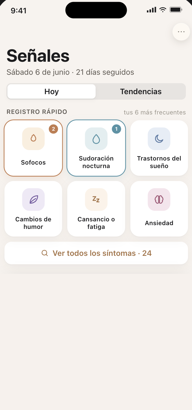 Pantalla de registro rápido de señales: sofocos, sueño, ánimo y más