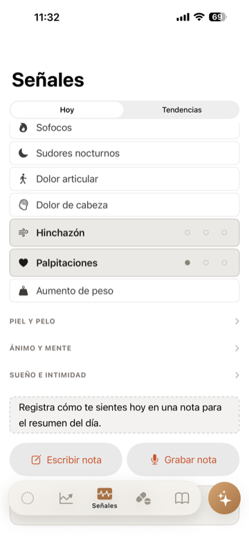 Pantalla de registro de señales: energía, sueño, ánimo y cambios físicos
