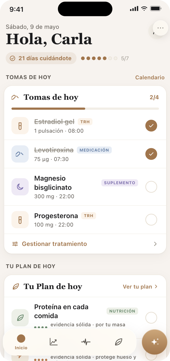 Pantalla de tomas de hoy con tu TRH, medicación y suplementos