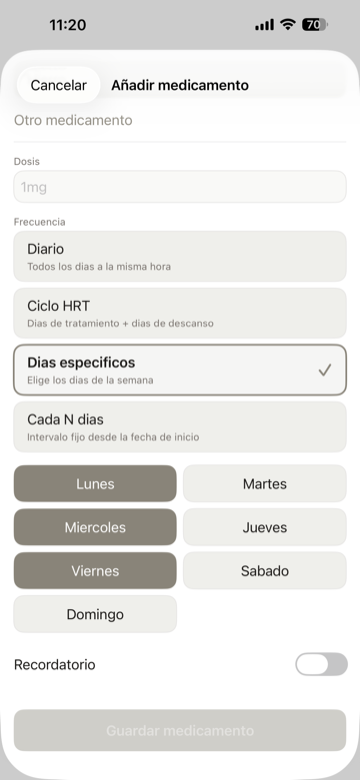 Pantalla de gestión de TRH, medicación y suplementos