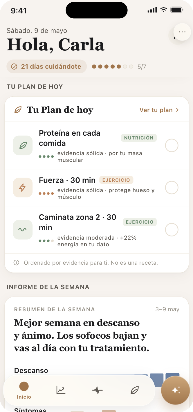 Pantalla de tu plan de hoy con suplementos, nutrición y ejercicio ordenados por evidencia